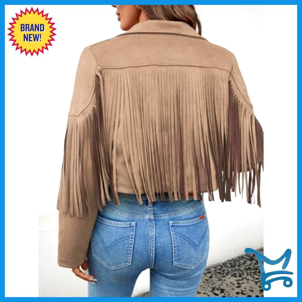 Faux Suede Leather Cropped Jacket with Fringe Tassels Western Style - Picture 2 of 7